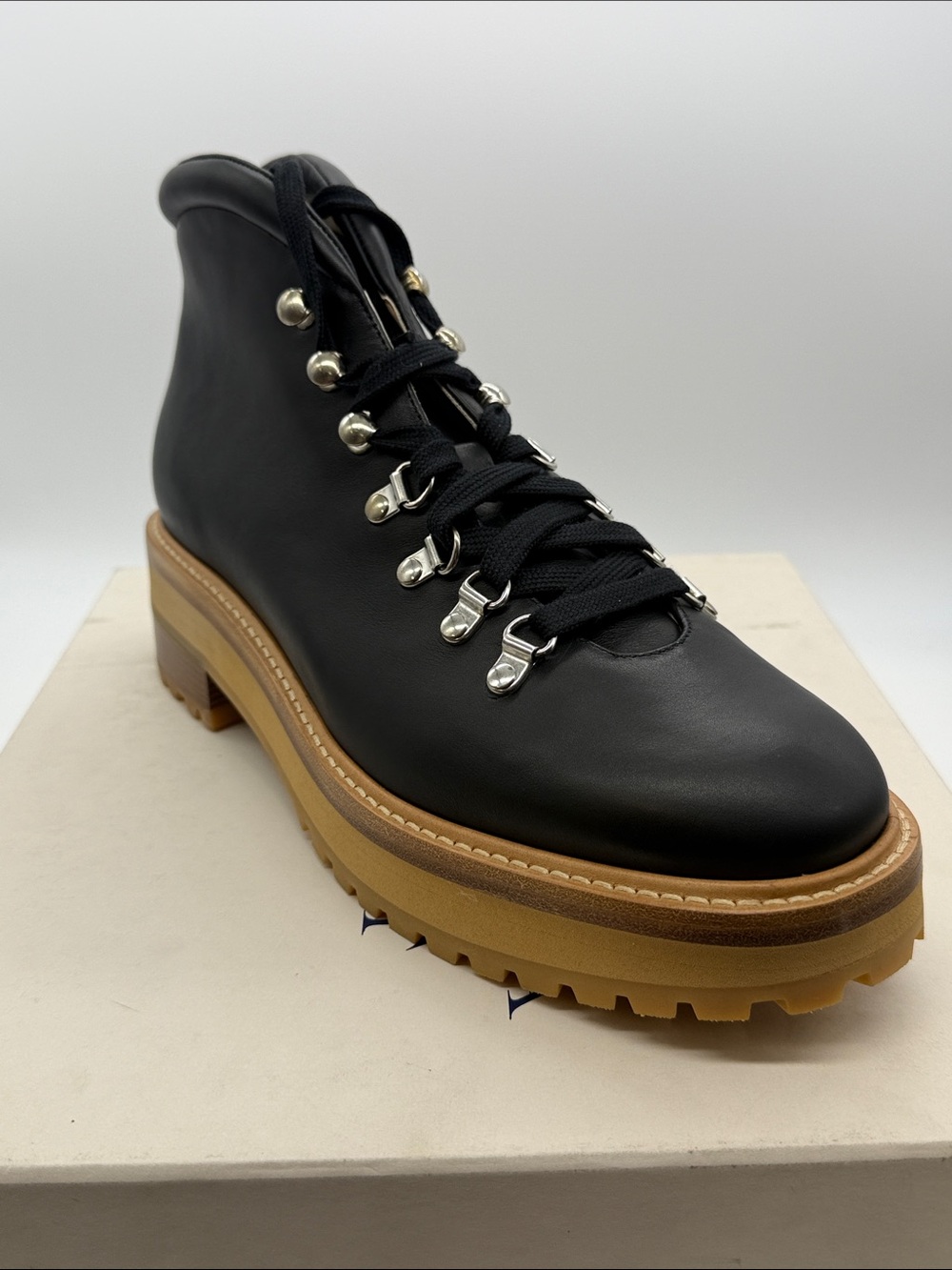Gabriela Hearst Black Leather Lace-Up Lug Sole Boot
